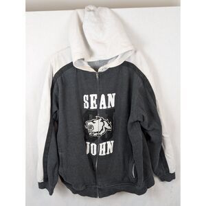 Y2K Sean John Full Zip Hooded Sweater Grey , Black and White Men's Size 3XL